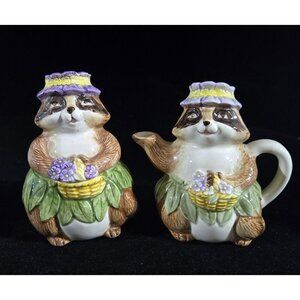 Raccoon-Themed Ceramic Creamer & Sugar Bowl Set By Otagiri Japan